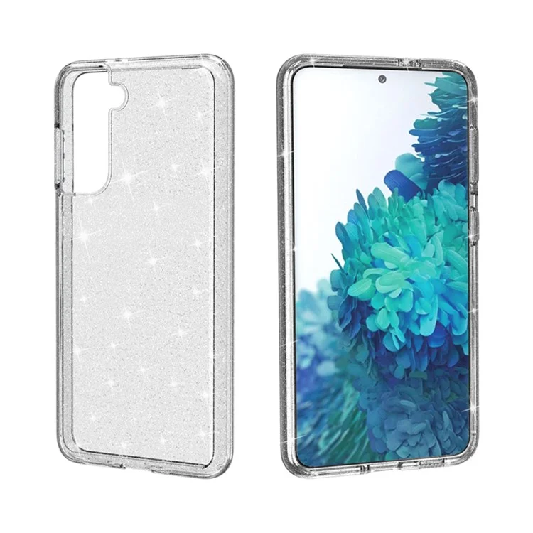 Capa de Glitter Transparente para Samsung Galaxy S21 4G/5G, Capa de Telefone Híbrida Anti-Arranhões de PC Rígido e TPU Macio com Brilho - Branca