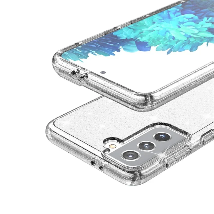 Capa de Glitter Transparente para Samsung Galaxy S21 4G/5G, Capa de Telefone Híbrida Anti-Arranhões de PC Rígido e TPU Macio com Brilho - Branca