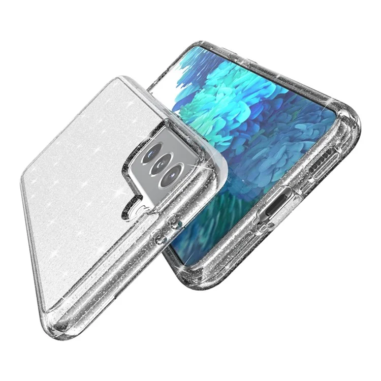 Capa de Glitter Transparente para Samsung Galaxy S21 4G/5G, Capa de Telefone Híbrida Anti-Arranhões de PC Rígido e TPU Macio com Brilho - Branca