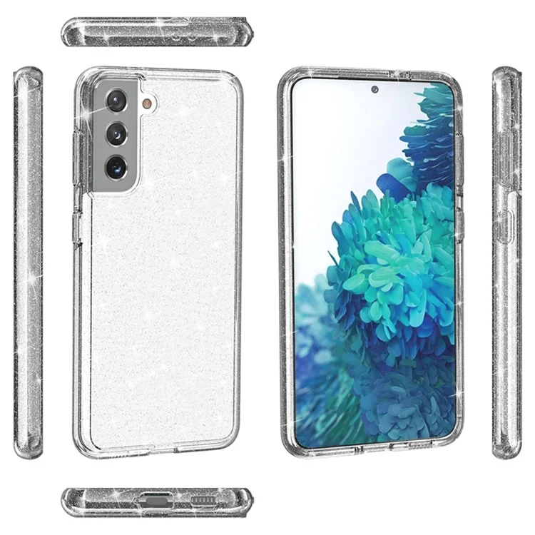 Capa de Glitter Transparente para Samsung Galaxy S21 4G/5G, Capa de Telefone Híbrida Anti-Arranhões de PC Rígido e TPU Macio com Brilho - Branca