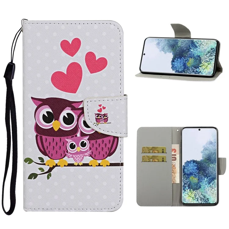 Печать с Рисунком Flip Leather Shute Case Для Samsung Galaxy S21 4G/5G - Сова и Сердце