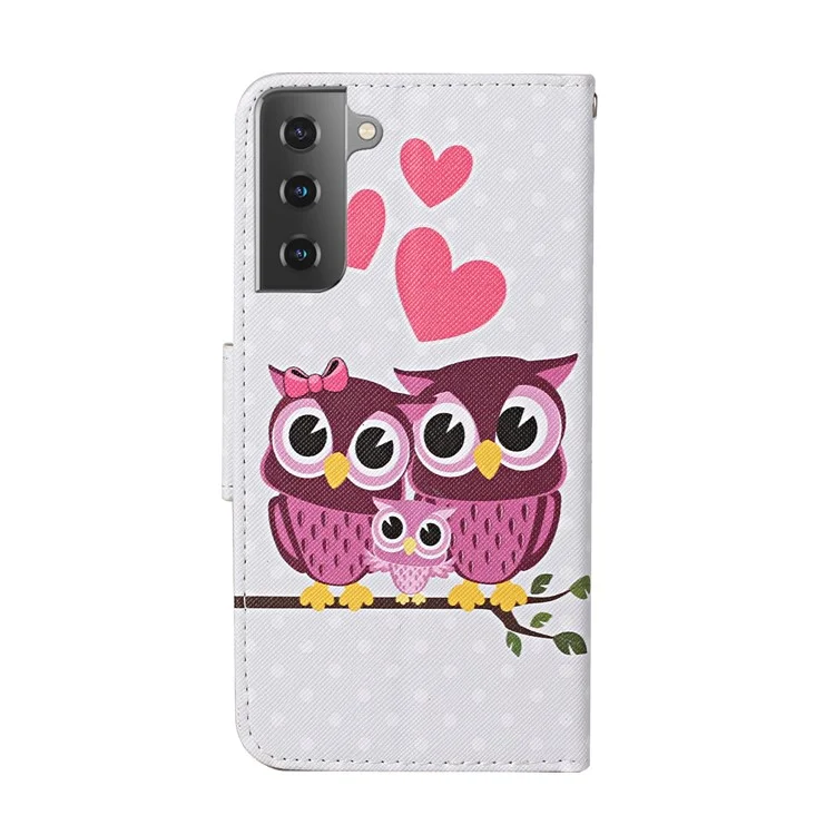 Печать с Рисунком Flip Leather Shute Case Для Samsung Galaxy S21 4G/5G - Сова и Сердце