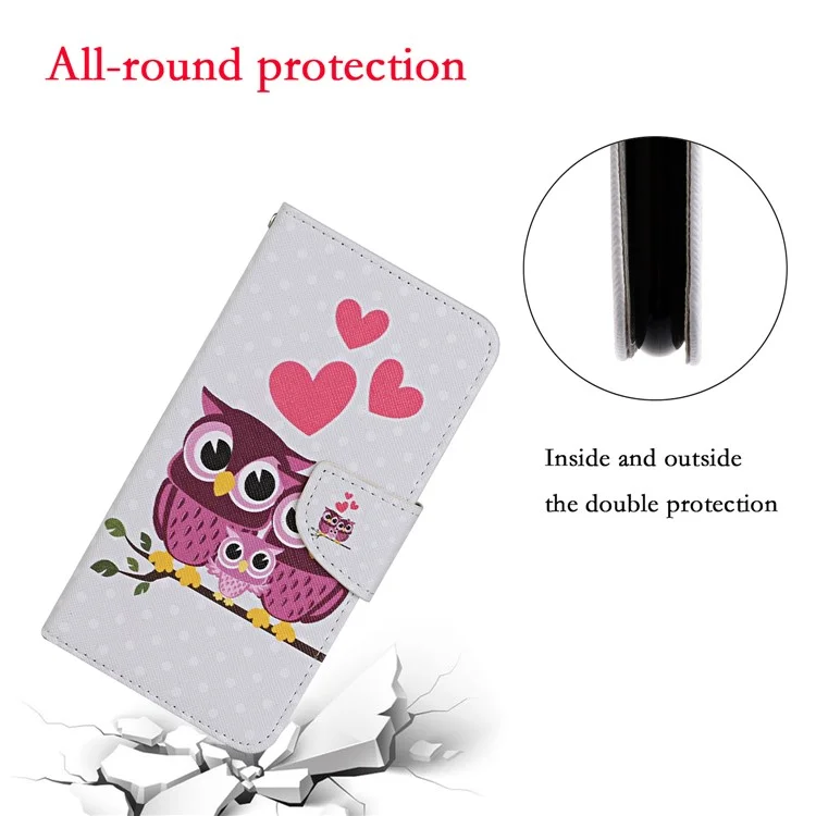 Печать с Рисунком Flip Leather Shute Case Для Samsung Galaxy S21 4G/5G - Сова и Сердце