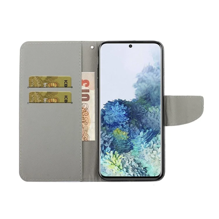 Печать с Рисунком Flip Leather Shute Case Для Samsung Galaxy S21 4G/5G - Сова и Сердце