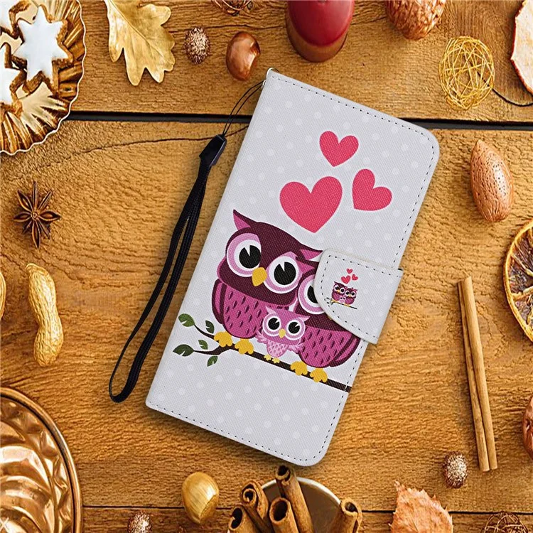 Печать с Рисунком Flip Leather Shute Case Для Samsung Galaxy S21 4G/5G - Сова и Сердце