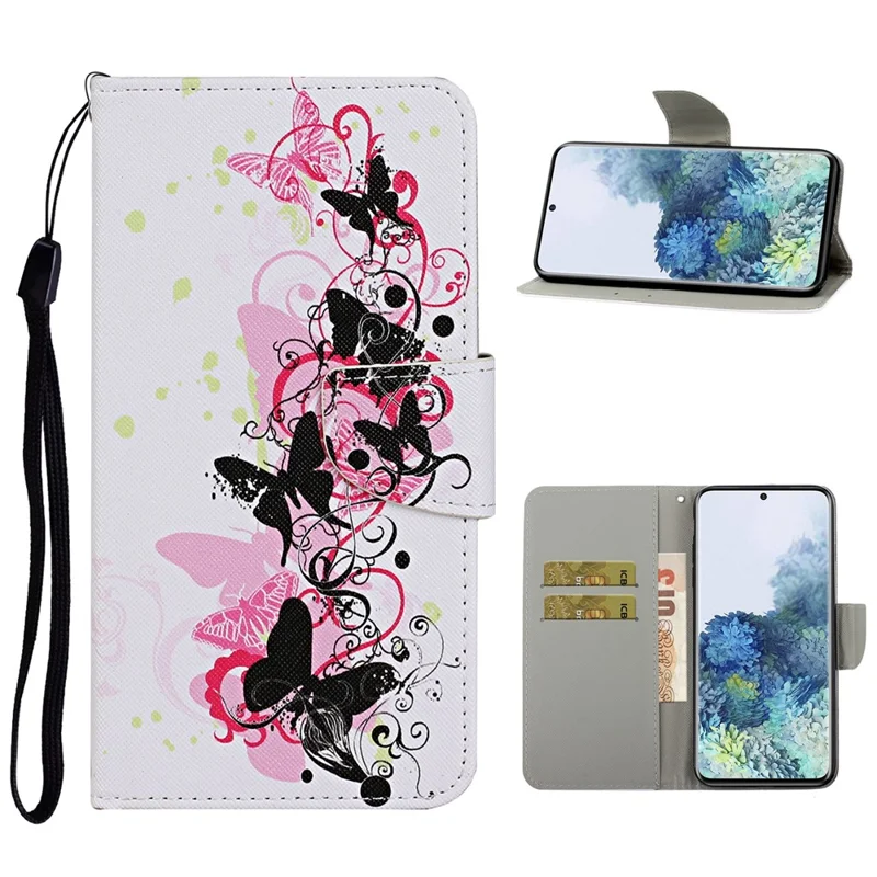 حالة واقية جلد محفظة فليب مع طباعة نمط لهواوي سامسونج جالاكسي S21 4G/5G - فراشة سوداء