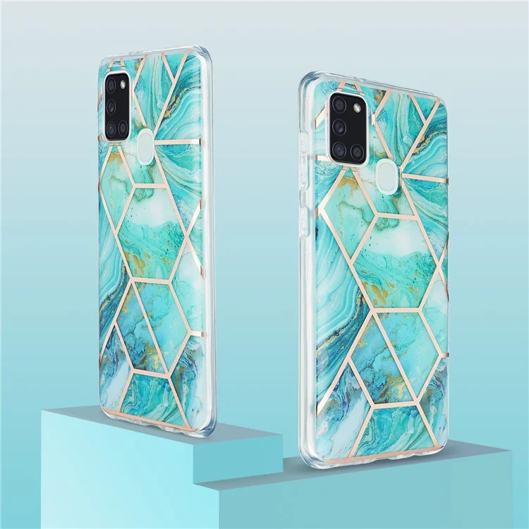 Electroplating Marble Pattern Splicing IML IMD Soft TPU Phone Cover Case for Samsung Galaxy A21s - Green