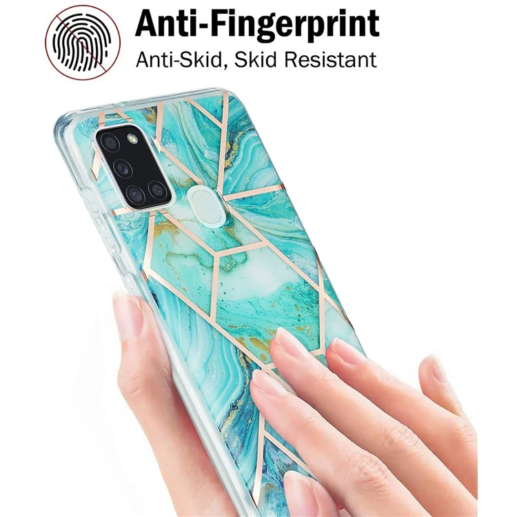 Electroplating Marble Pattern Splicing IML IMD Soft TPU Phone Cover Case for Samsung Galaxy A21s - Green
