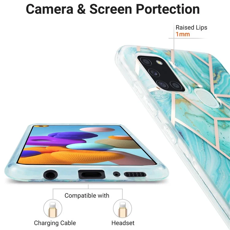 Electroplating Marble Pattern Splicing IML IMD Soft TPU Phone Cover Case for Samsung Galaxy A21s - Green