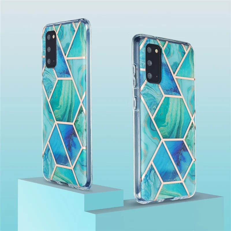 IML IMD Marble Pattern Electroplating Flexible TPU Phone Cover Case for Samsung Galaxy S20 4G/S20 5G - Cyan / Blue