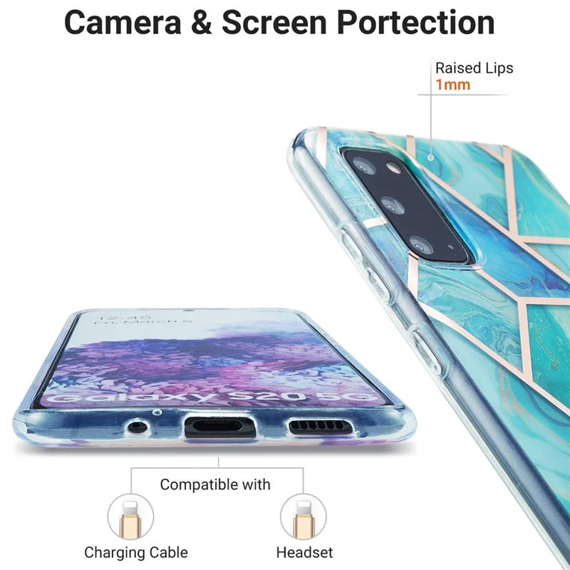 IML IMD Marble Pattern Electroplating Flexible TPU Phone Cover Case for Samsung Galaxy S20 4G/S20 5G - Cyan / Blue