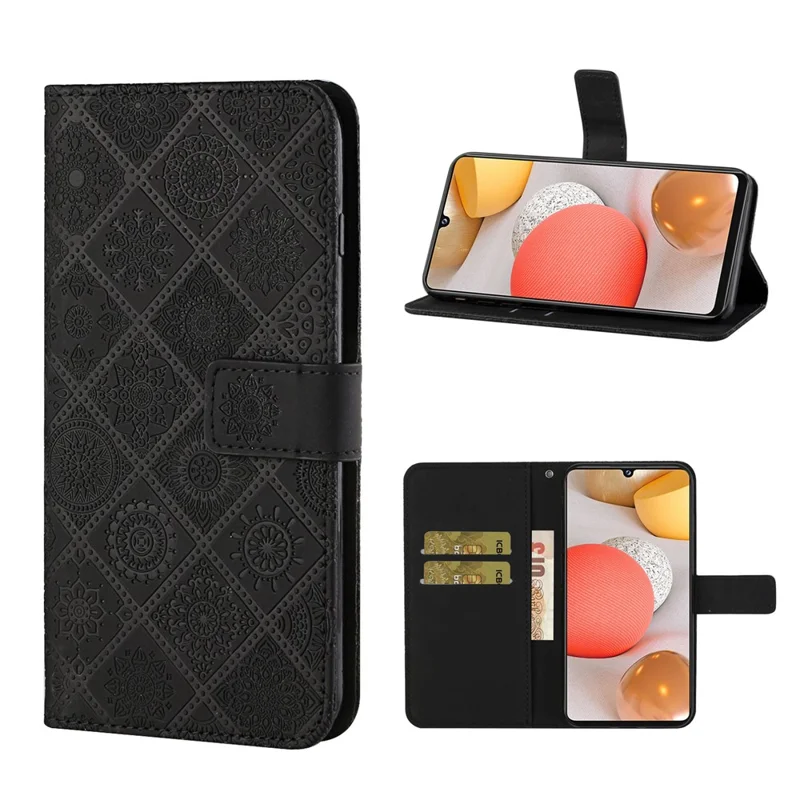 Imprint Ethnic Style Flower Wallet Magnetic Clasp Leather Shell for Samsung Galaxy A12 - Black