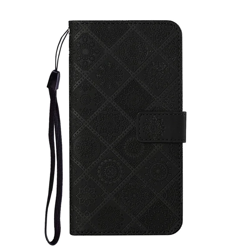 Imprint Ethnic Style Flower Wallet Magnetic Clasp Leather Shell for Samsung Galaxy A12 - Black
