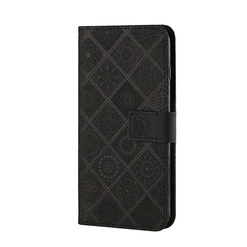 Imprint Ethnic Style Flower Wallet Magnetic Clasp Leather Shell for Samsung Galaxy A12 - Black