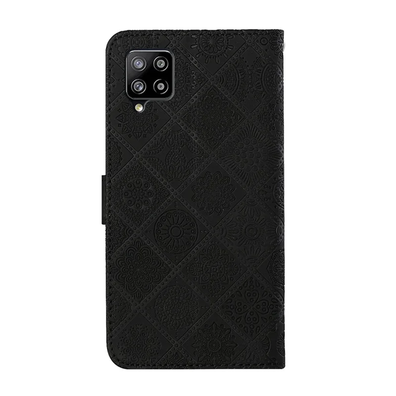 Imprint Ethnic Style Flower Wallet Magnetic Clasp Leather Shell for Samsung Galaxy A12 - Black