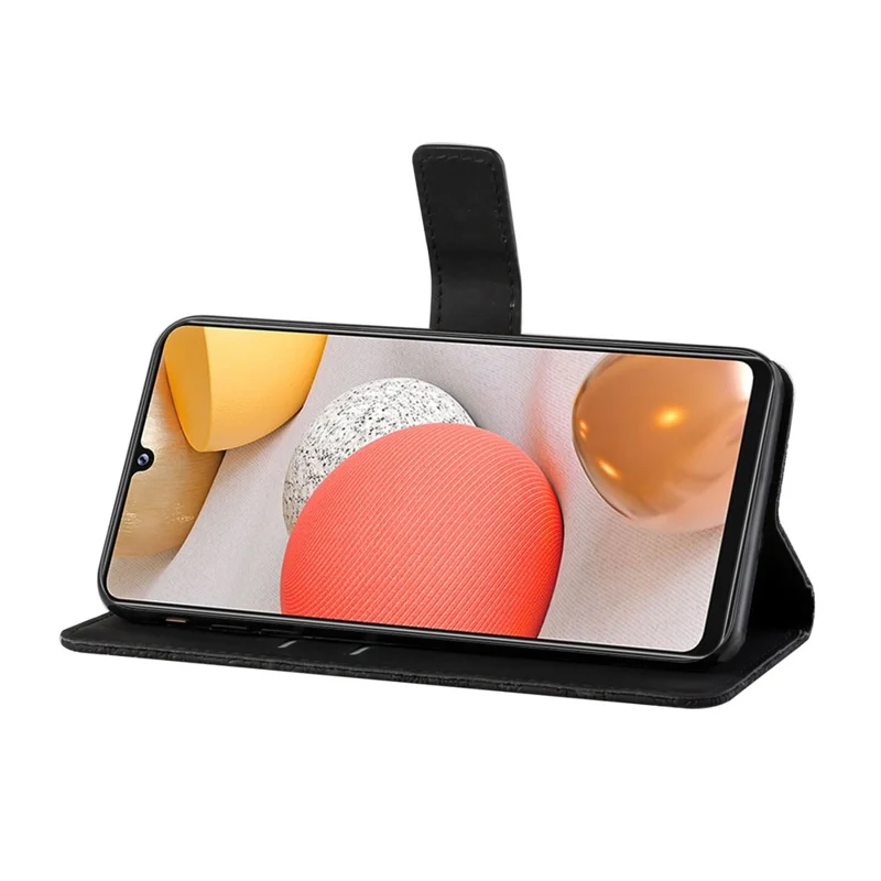 Imprint Ethnic Style Flower Wallet Magnetic Clasp Leather Shell for Samsung Galaxy A12 - Black