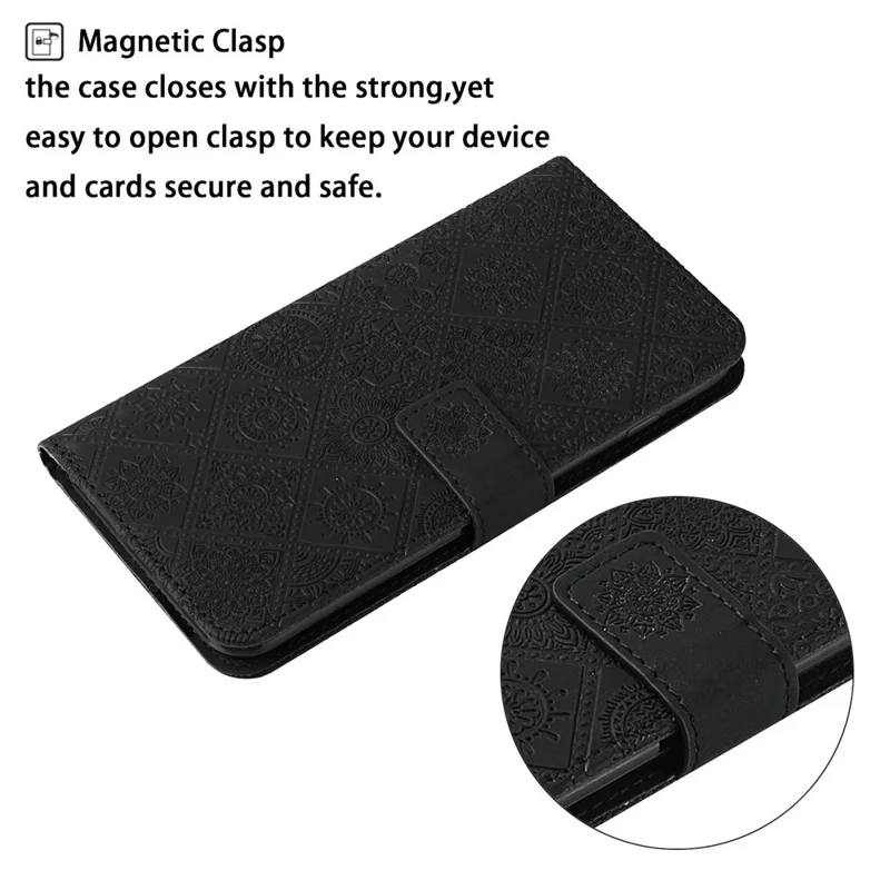 Imprint Ethnic Style Flower Wallet Magnetic Clasp Leather Shell for Samsung Galaxy A12 - Black