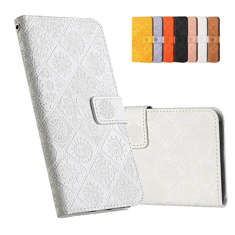 Imprint Ethnic Style Flower Wallet Magnetic Clasp Leather Shell for Samsung Galaxy A12 - White