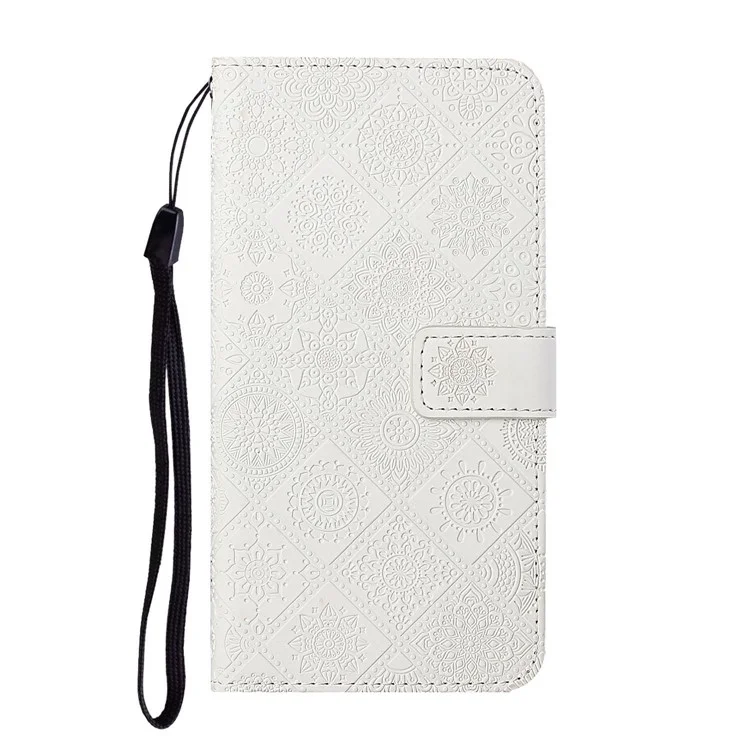 Imprint Ethnic Style Flower Wallet Magnetic Clasp Leather Shell for Samsung Galaxy A12 - White