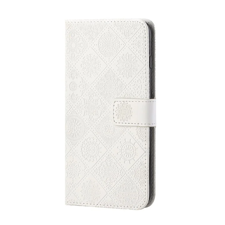 Imprint Ethnic Style Flower Wallet Magnetic Clasp Leather Shell for Samsung Galaxy A12 - White
