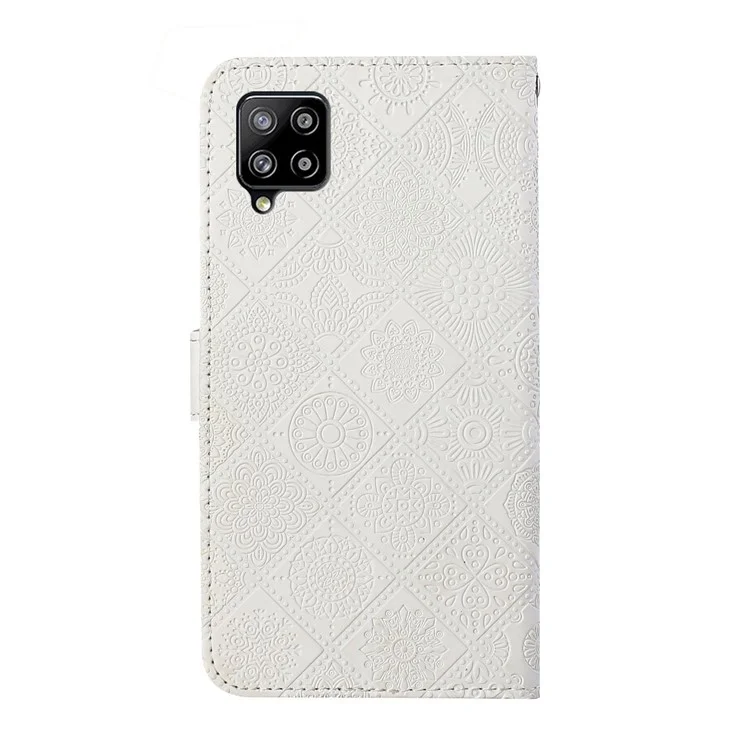 Imprint Ethnic Style Flower Wallet Magnetic Clasp Leather Shell for Samsung Galaxy A12 - White