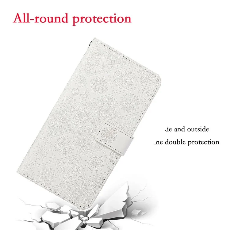 Imprint Ethnic Style Flower Wallet Magnetic Clasp Leather Shell for Samsung Galaxy A12 - White