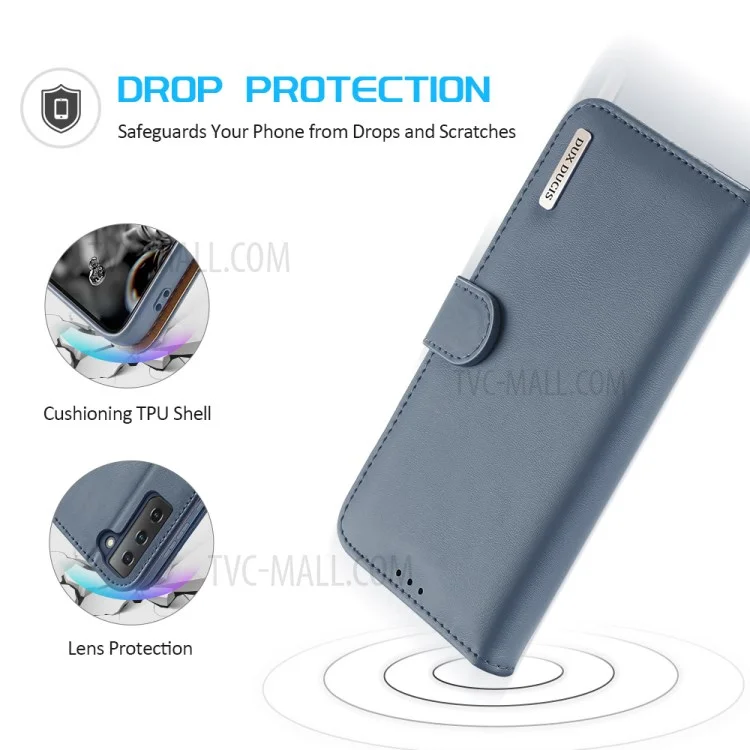 DUX DUCIS für Samsung Galaxy S21 4G/5G Hivo-Serie Anti-Scratch Wallet Stand Split Leder Handyhülle Klapphülle - Blau