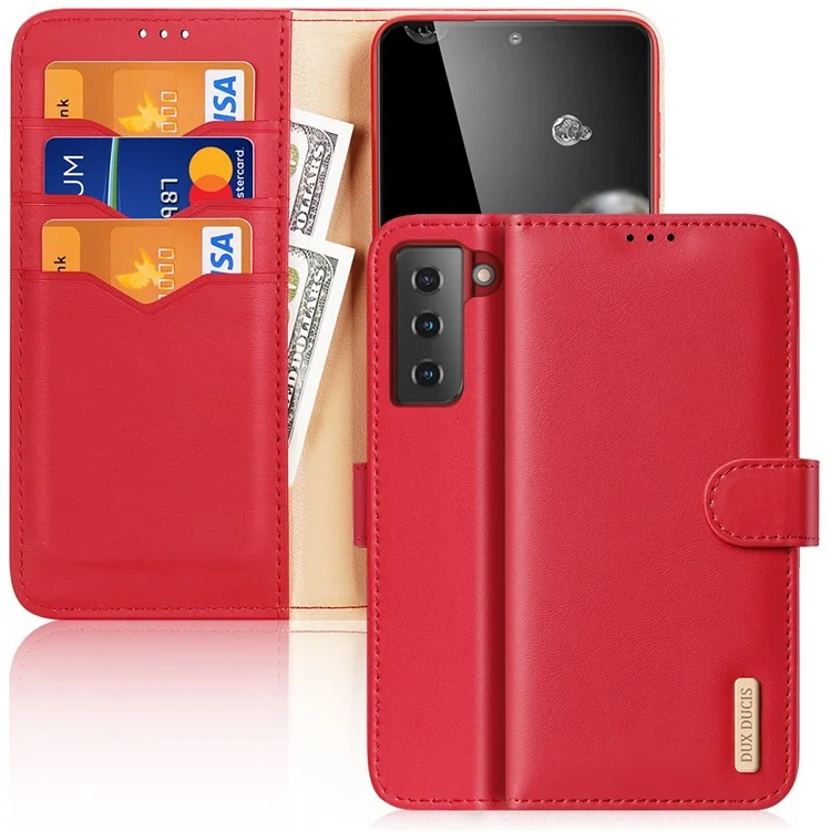 DUX DUCIS for Samsung Galaxy S21 4G / 5G Hivo Series Anti-Scratch Wallet Stand Split Leather Phone Cover Flip Shell - Red