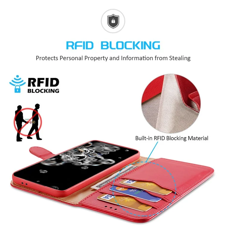 DUX DUCIS for Samsung Galaxy S21 4G / 5G Hivo Series Anti-Scratch Wallet Stand Split Leather Phone Cover Flip Shell - Red