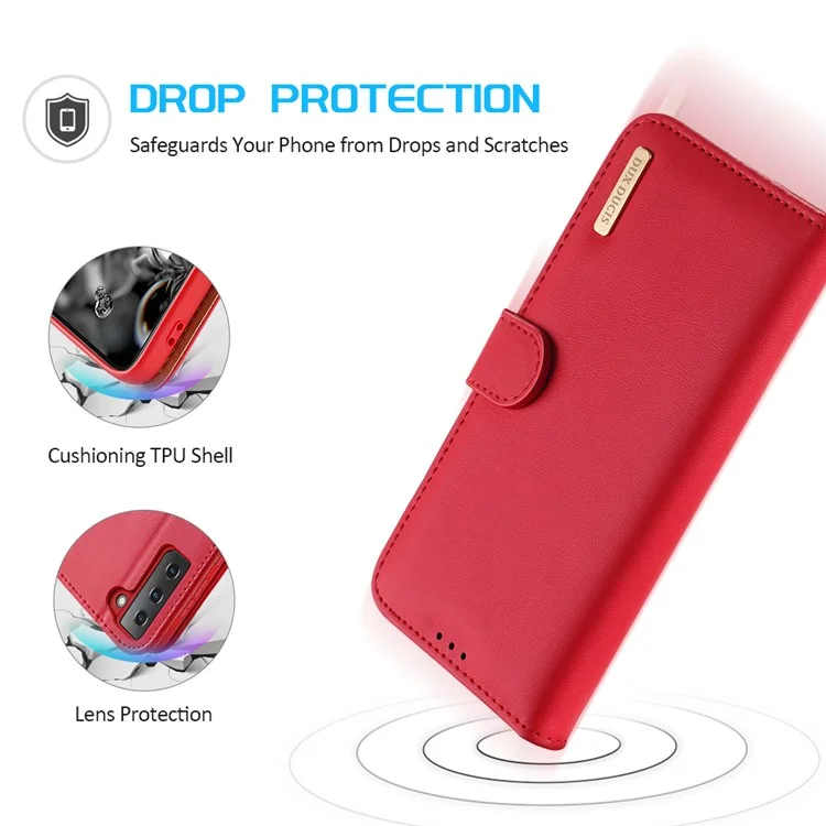 DUX DUCIS for Samsung Galaxy S21 4G / 5G Hivo Series Anti-Scratch Wallet Stand Split Leather Phone Cover Flip Shell - Red