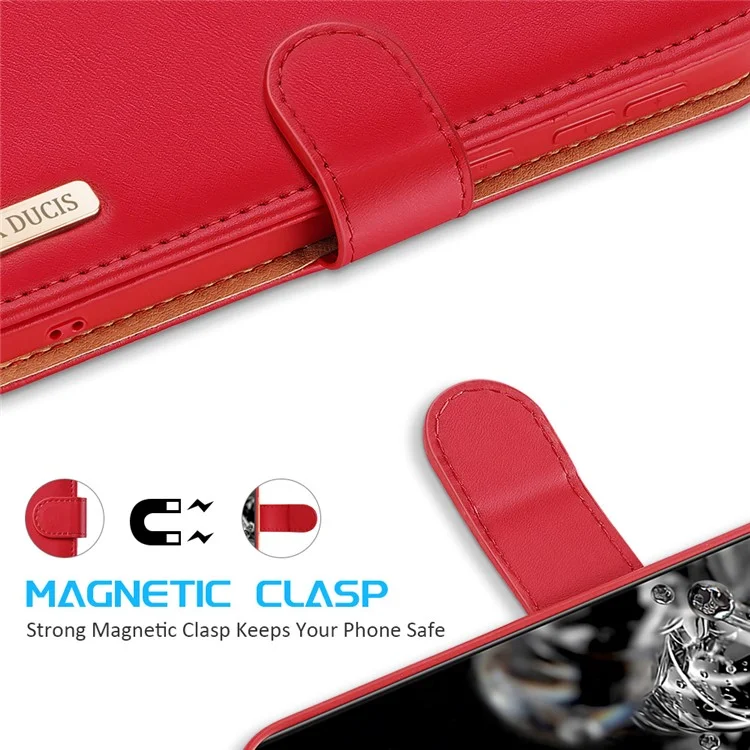 DUX DUCIS for Samsung Galaxy S21 4G / 5G Hivo Series Anti-Scratch Wallet Stand Split Leather Phone Cover Flip Shell - Red