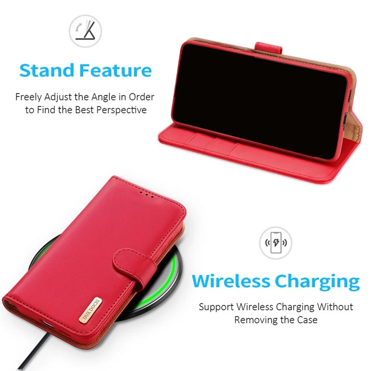 DUX DUCIS for Samsung Galaxy S21 4G / 5G Hivo Series Anti-Scratch Wallet Stand Split Leather Phone Cover Flip Shell - Red