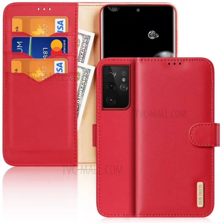 DUX DUCIS Hivo-Serie Split Lederbrieftasche Stand Phone Cover Flip Case für Samsung Galaxy S21 Ultra 5G - Rot