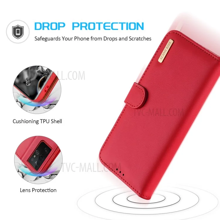 DUX DUCIS Hivo-Serie Split Lederbrieftasche Stand Phone Cover Flip Case für Samsung Galaxy S21 Ultra 5G - Rot