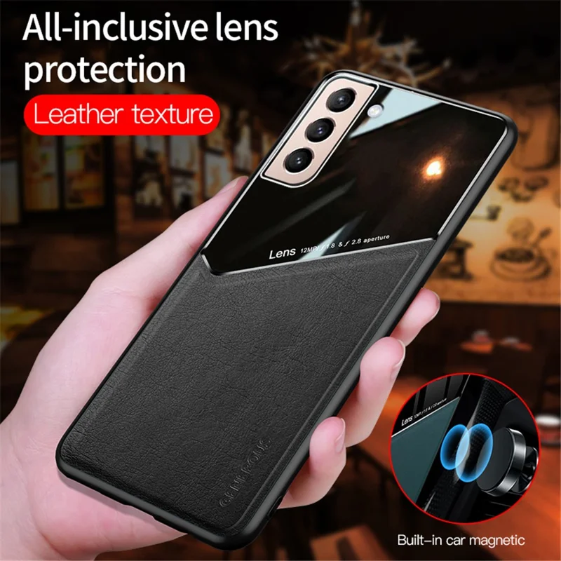 Precise Cut-Out Leather Coated Hybrid Case [Built-in Magnetic Metal Sheet] for Samsung Galaxy S21 Plus 5G - Black