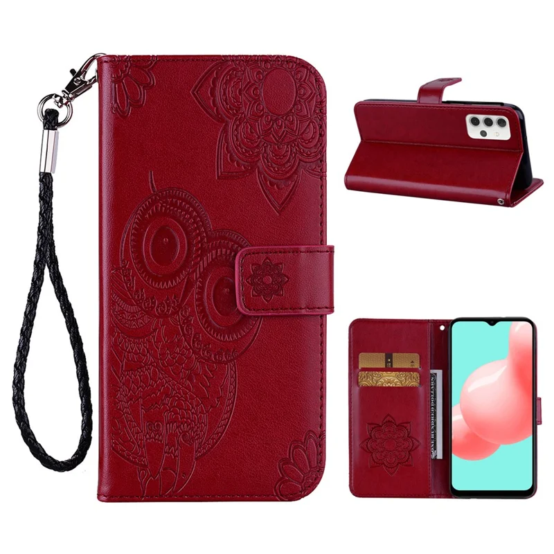 Imprint Flower Owl Pattern Stand Leather Wallet Case Cover for Samsung Galaxy A32 5G/M32 5G - Red