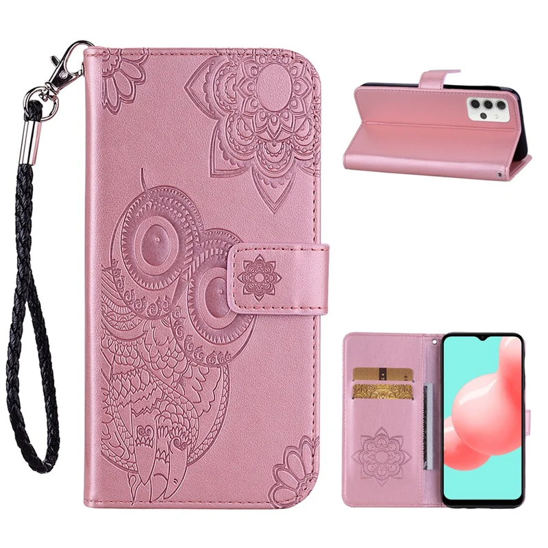 Imprint Flower Owl Pattern Stand Leather Wallet Case Cover for Samsung Galaxy A32 5G/M32 5G - Rose Gold