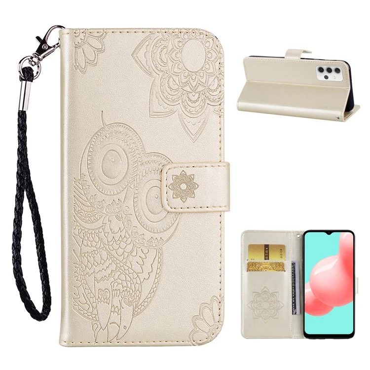 Prägung Blume Eule Muster Lederbrieftasche Hülle für Samsung Galaxy A32 5G/M32 5G - Gold