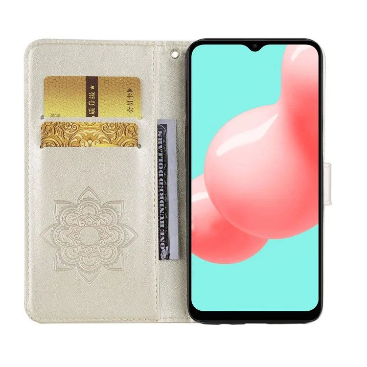 Prägung Blume Eule Muster Lederbrieftasche Hülle für Samsung Galaxy A32 5G/M32 5G - Gold