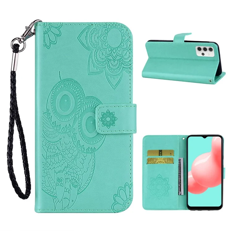 Impronta Flower Owl Pattern Whatet Covet in Pelle Per Samsung Galaxy A32 5G/M32 5G - Ciano