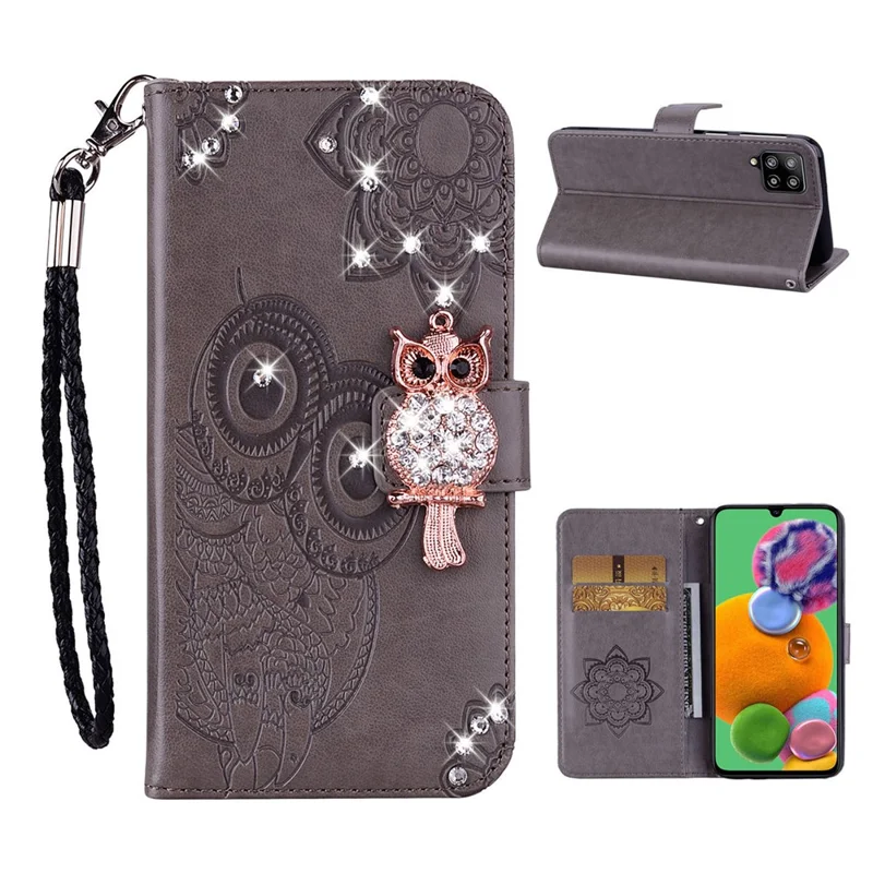 Owl Imprint Rhinestone Decor Leather Phone Case for Samsung Galaxy A12 Stand Shell - Grey