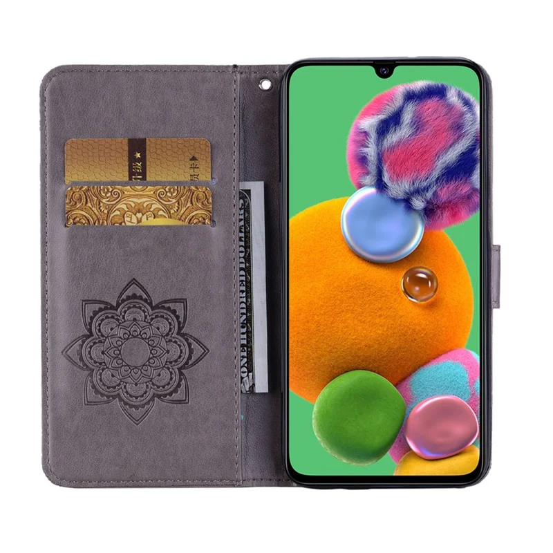 Owl Imprint Rhinestone Decor Leather Phone Case for Samsung Galaxy A12 Stand Shell - Grey