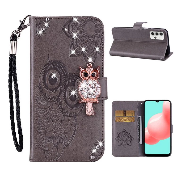 Billetera con funda de cuero y decoración de piedras de imitación de búho para Samsung Galaxy A32 5G/M32 5G - Gris