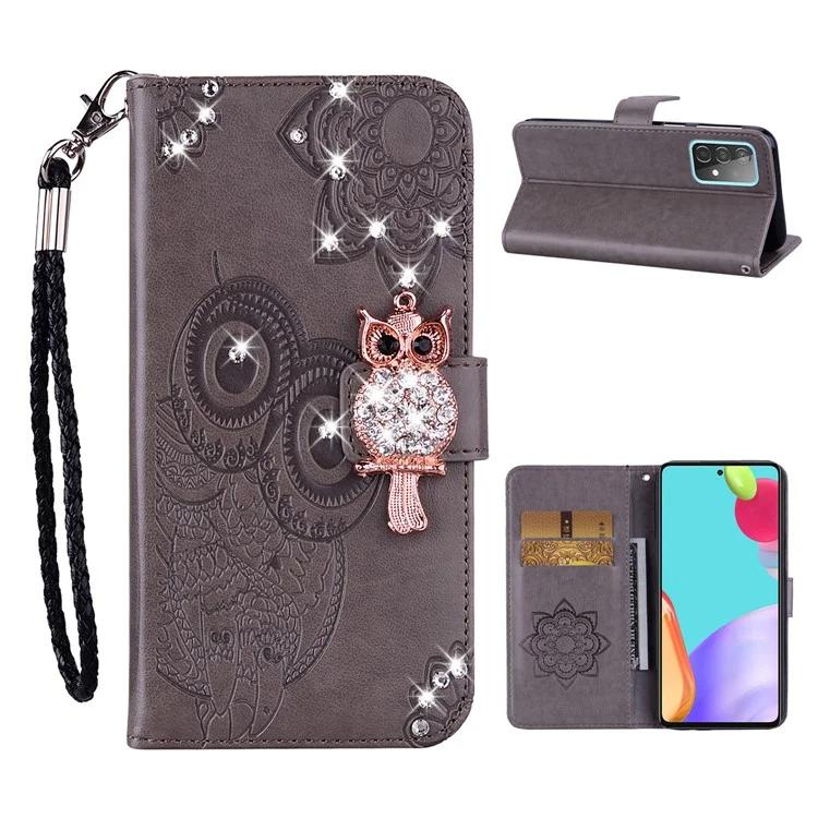 Owl Imprint Rhinestone Decor Wallet Leather Cover for Samsung Galaxy A52 4G/5G / A52s 5G Stand Shell - Grey