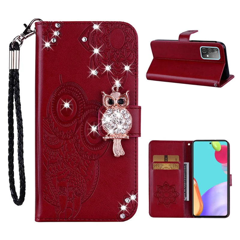 Owl Imprint Rhinestone Decor Wallet Leather Cover for Samsung Galaxy A52 4G/5G / A52s 5G Stand Shell - Red