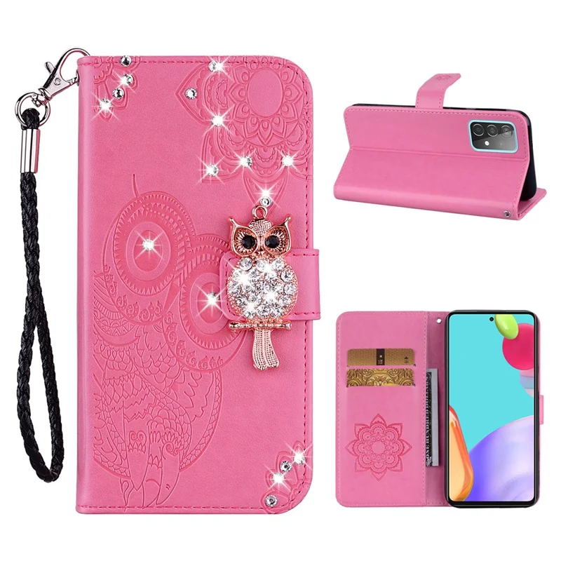 Owl Imprint Rhinestone Decor Wallet Leather Cover for Samsung Galaxy A52 4G/5G / A52s 5G Stand Shell - Pink