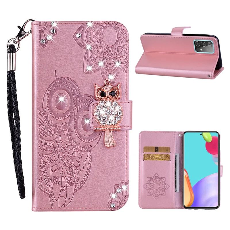 Owl Imprint Rhinestone Decor Wallet Leather Cover for Samsung Galaxy A52 4G/5G / A52s 5G Stand Shell - Rose Gold