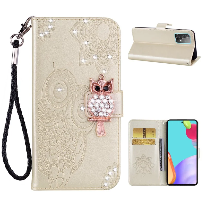 Owl Imprint Rhinestone Decor Wallet Leather Cover for Samsung Galaxy A52 4G/5G / A52s 5G Stand Shell - Gold