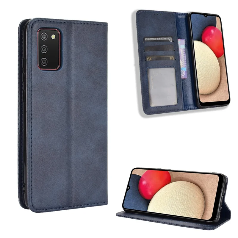 Retro Style Auto-absorbed Phone Shell for Samsung Galaxy A02s (164.2mm) Leather Wallet Stand Case - Blue