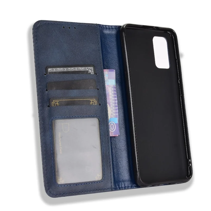 Retro Style Auto-absorbed Phone Shell for Samsung Galaxy A02s (164.2mm) Leather Wallet Stand Case - Blue